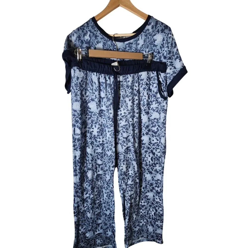 3 piece LUCKY BRAND Blue White Floral Pajama Set (top, shorts, pants) SZ XXL - Picture 1 of 10